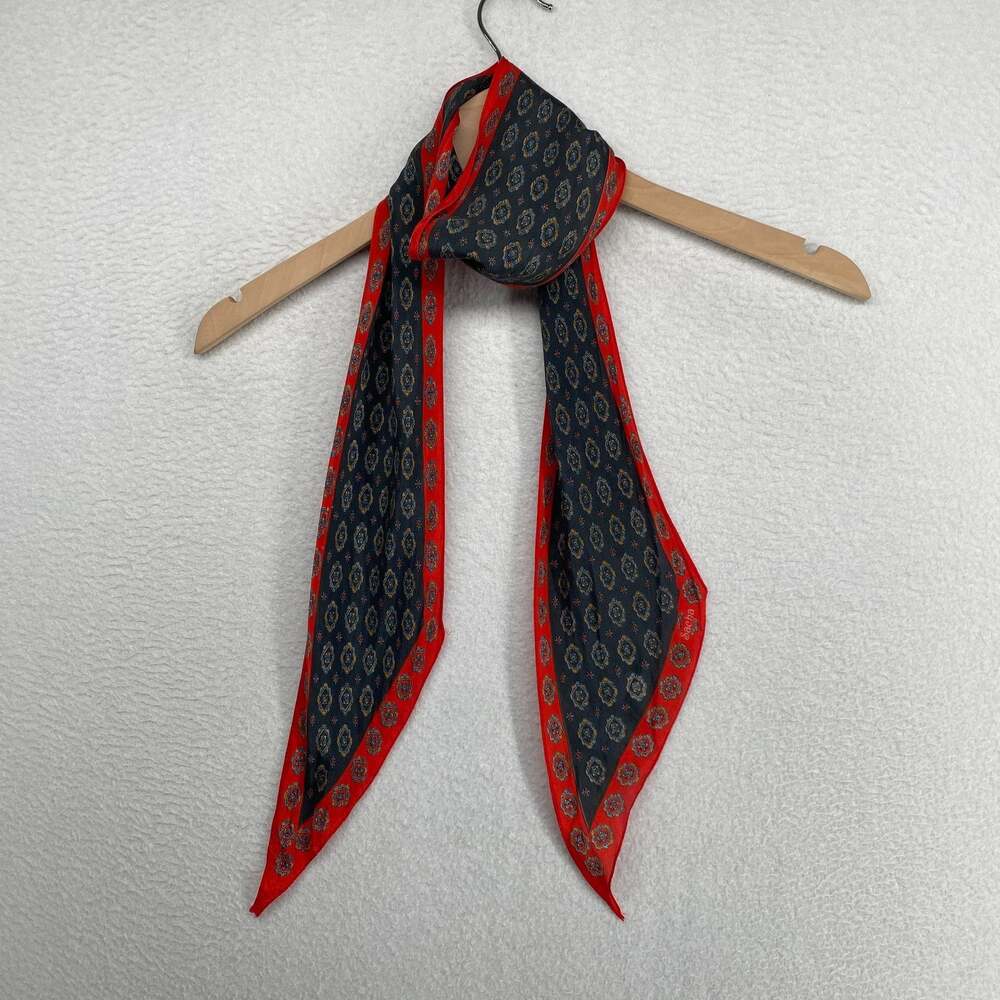 SACHA Scarf Silk Crepe de Chine Medallion Print Neckerchief Slim Black 4 x 62"